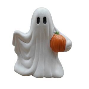 Ghost Holding Pumpkin 3" Hand Painted Halloween Ceramic Vintage